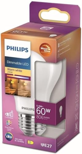 PHILIPS LED Classic E27 WarmGlow Lampe, 60 W, Tropfenform, dimmbar, matt, warmweiß