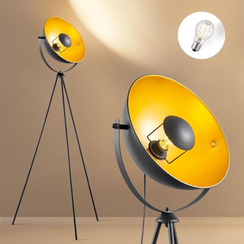 Home Sweet Home Dreibein Stehleuchte Industrie Design, Vintage Scheinwerfer Retro Bodenlampe Schwarz-Gold