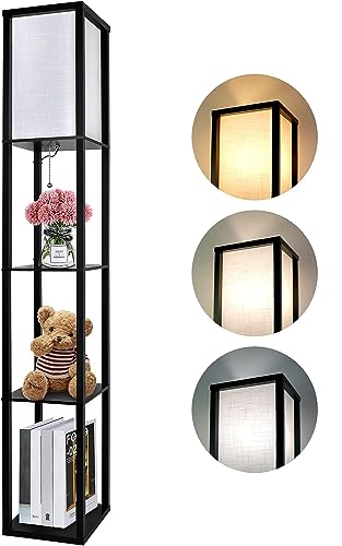 Aimosen Stehlampe mit Regal aus Holz, Stehleuchte mit 3 Farbtemperatur 3000K/4000K/5000K, Standleuchte Ab