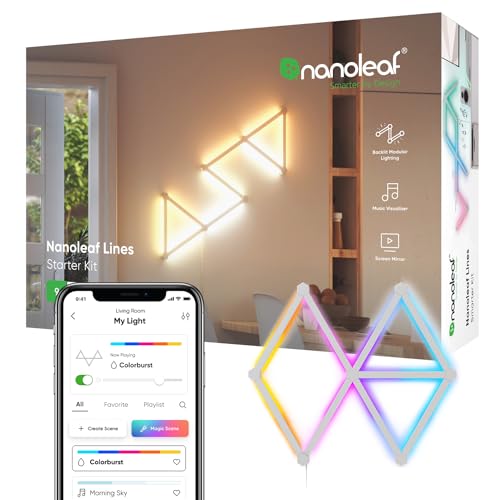 Nanoleaf Lines Starter Kit mit neun modularen Lichtleisten als grafisches Muster an der Wand