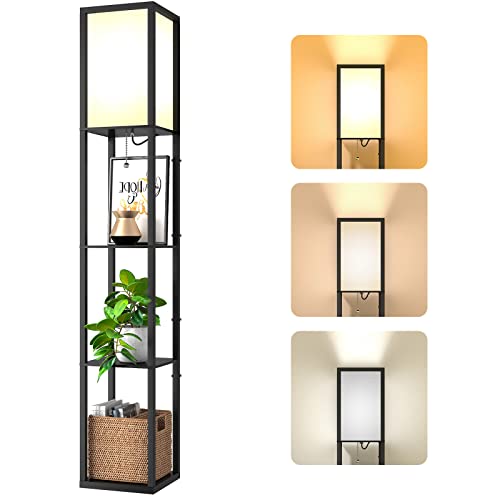 Omdekor Stehlampe mit Regal aus Holz, Stehlampe Wohnzimmer mit 3 Farbtemperatur, Stehleuchte 1.62M mit La