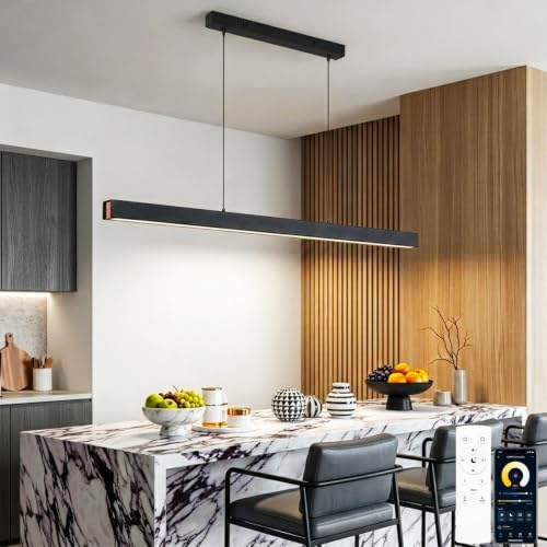 SENFAY LED Pendelleuchte 120 cm, Holz-Dekor, Fernbedienung