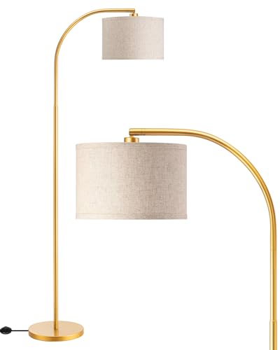 EDISHINE Bogenlampe mit goldenem Gestell und beigem Leinenschirm im Wohnzimmer