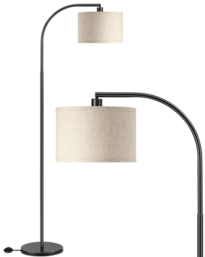 EDISHINE Bogenlampe mit beigem Leinen-Lampenschirm und schwarzem Gestell über dem Sofa