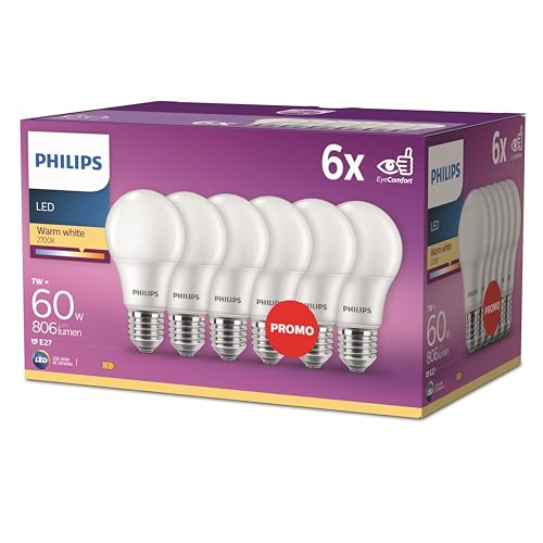 Philips LED Classic E27 Birnen im Sechserpack, warmweiß für Deckenleuchte und Stehlampe