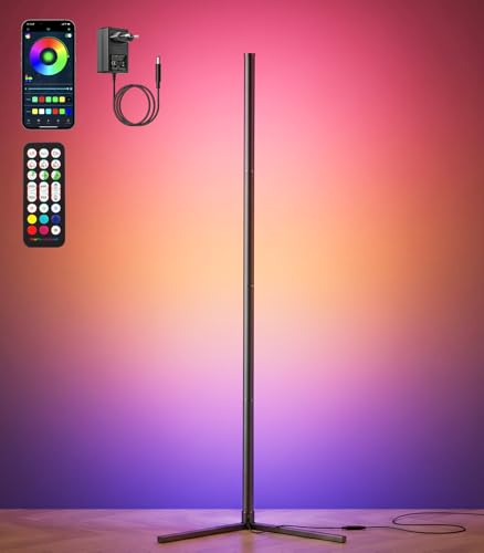 riyo RGBIC Ecklampe mit 146 Zentimeter Höhe als Stehlampe für die Zimmerecke hinter dem Setup
