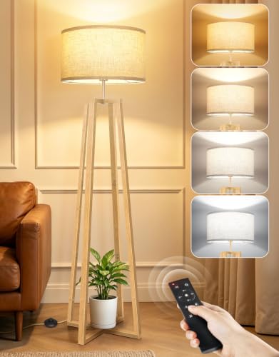 OUTON Dreibein-Stehlampe aus Holz mit Leinenschirm und Fernbedienung